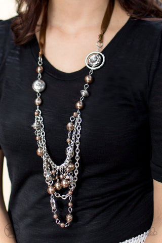 Victorian inspired brown bead silver chain layered necklace.