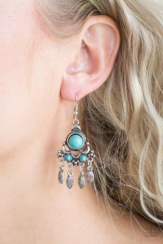 Turquoise stone dangle earrings with silver beaded fringe
