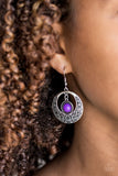 Silver floral textured hoop earring with a swinging purple bead center 