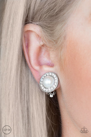 pearl bead encircled by rhinestones clip on earring