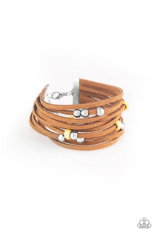 Paparazzi Bracelet - Colorfully Coachella - Yellow Bead & Brown Suede