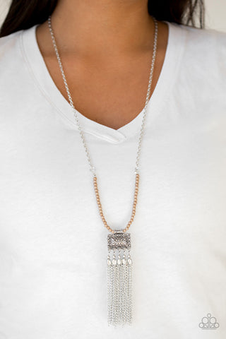 Mayan Masquerade Brown Bead Silver Chain Necklace