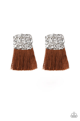 Paparazzi Earrings - Plume Bloom - Brown Fringe & Hammered Silver