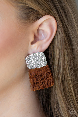 Plume Bloom Brown Fringe Hammered Silver Earrings