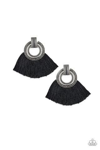Paparazzi Earrings - I Am Spartacus - Black Fringe & Silver Ornate