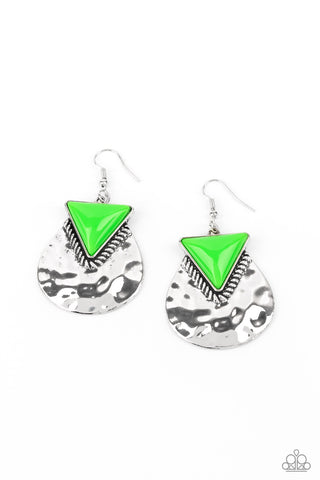 Paparazzi Earrings- Road Trip Treasure - Green Bead & Hammered Silver