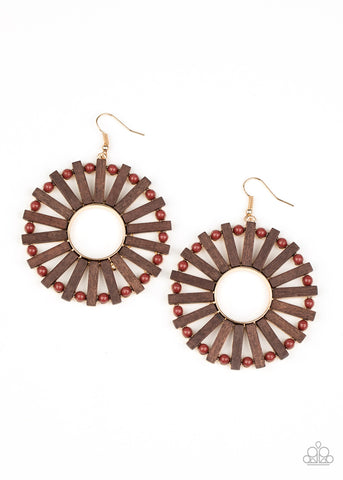 Paparazzi Earrings - Solar Flare - Brown Wood